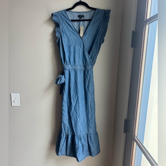 J.Crew Chambray Wrap Midi Dress Flutter Sleeve Tie Waist Resortwear Boho Demim - Picture 2 of 8